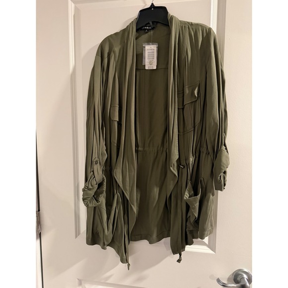 TORRID Olive Green Drapey Utility Jacket Pockets Drawstring Size 2 - Picture 3 of 6